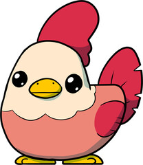 Cute cartoon chicken character with big eyes and red comb