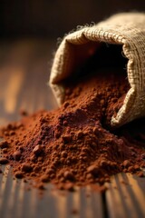 Rich Dark Cocoa Powder Cascade Rustic Wooden Table, Warm Lighting, Delicious Chocolate Spill from Burlap Sack.  Perfect for food, beverage, and baking websites.
