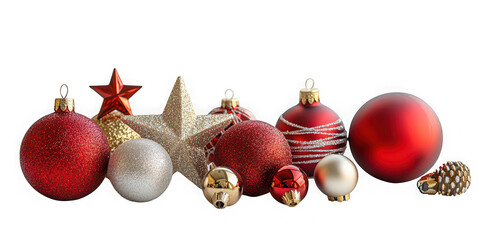 Collection of festive red and gold christmas ornaments and stars isolated on transparent background