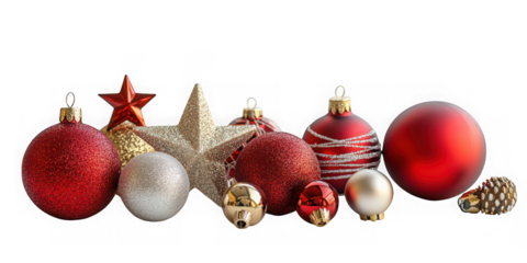 Collection of festive red and gold christmas ornaments and stars isolated on transparent background