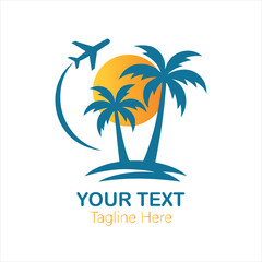 Tropical travel icon with airplane palm trees sun vacation vector