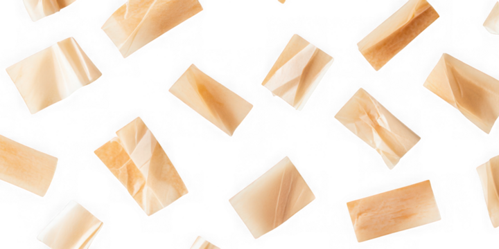 Scattered light brown rectangular paper pieces with textured surfaces isolated on transparent background