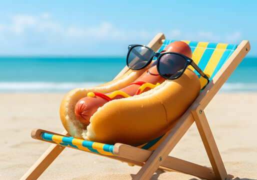 Funny Hot Dog Relaxing on Beach Deck Chair - Summer Food Concept with Sunglasses, Ocean View