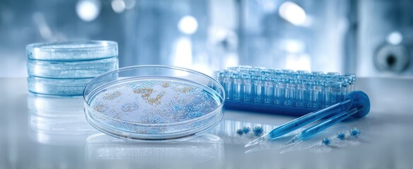 The intricate arrangement of laboratory tools and a petri dish showcasing samples.