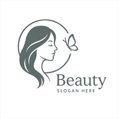 Beauty woman face profile with butterfly elegant line art vector