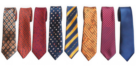 Collection of eight patterned and solid color neckties isolated on transparent background