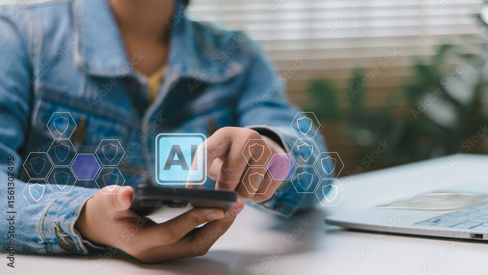 Poster user interacting with smartphone ai interface, showcasing artificial intelligence technology with di
