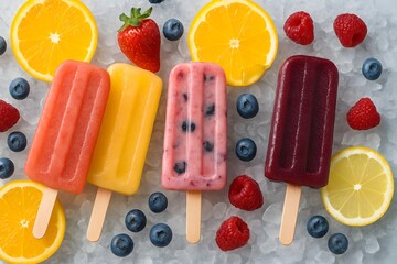 Refreshing homemade popsicles with fresh summer fruits, berries, citrus, and ice creating a bright and inviting dessert display.
