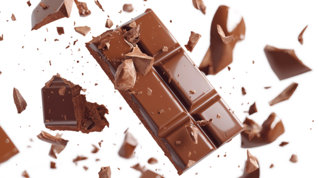 A chocolate bar is shown in pieces, with the top half of the bar missing