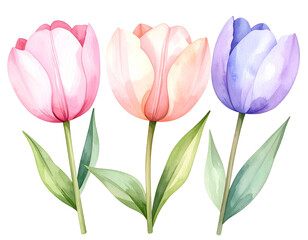 Fototapeta premium Watercolor Painted Tulip Trio in Pastel Shades, isolated on a transparent background