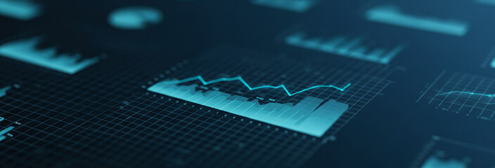 Abstract background with blue charts and graphs on a dark surface.