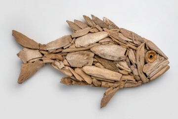side view of a fish made out of pieces of thriftwood - isolated on white background