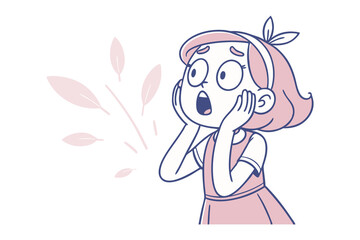 Surprised Girl Cartoon: A cute girl with rosy cheeks and wide eyes looks surprised, her hands covering her face.  Delicate leaves sprout nearby.