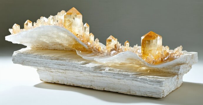 Quartz crystals grow upon gypsum matrix. Beautiful mineral specimen displays natural formations, light refraction, geological textures. - Powered by Adobe