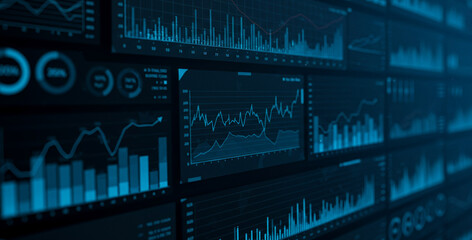 Digital interface displays data visualizations including charts graphs and numerical information.