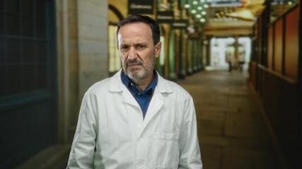 Mature hispanic man wearing white coat showing defensive expression in urban street scene with blurred background.