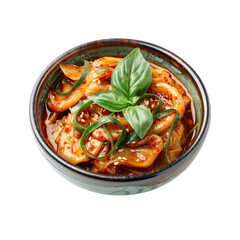Delicious korean kimchi dish with fresh basil and cucumber garnish in a rustic bowl isolated on transparent background