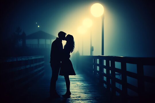Romantic couple embrace on pier misty night setting photograph intimate atmosphere silhouetted view love concept