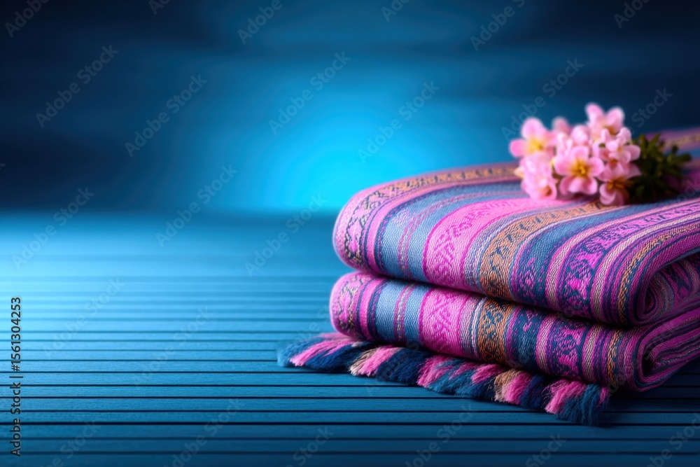 Poster two folded colorful woven blankets with fringe edges rest on a wooden surface, adorned with a small 