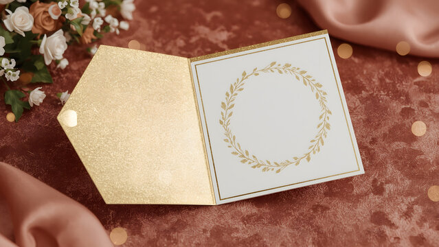 Elegant Wedding Invitation Mockup, Golden Floral Card Design, Blank Invitation on Red Table