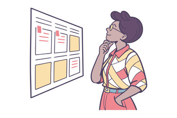 Thoughtful person in colorful shirt contemplating a grid of information on a whiteboard