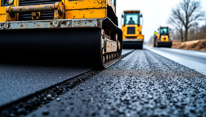 A low angle shot shows a road roller's textured drum pressing down on freshly laid asphalt Other rollers are visible in the background on the road construction site