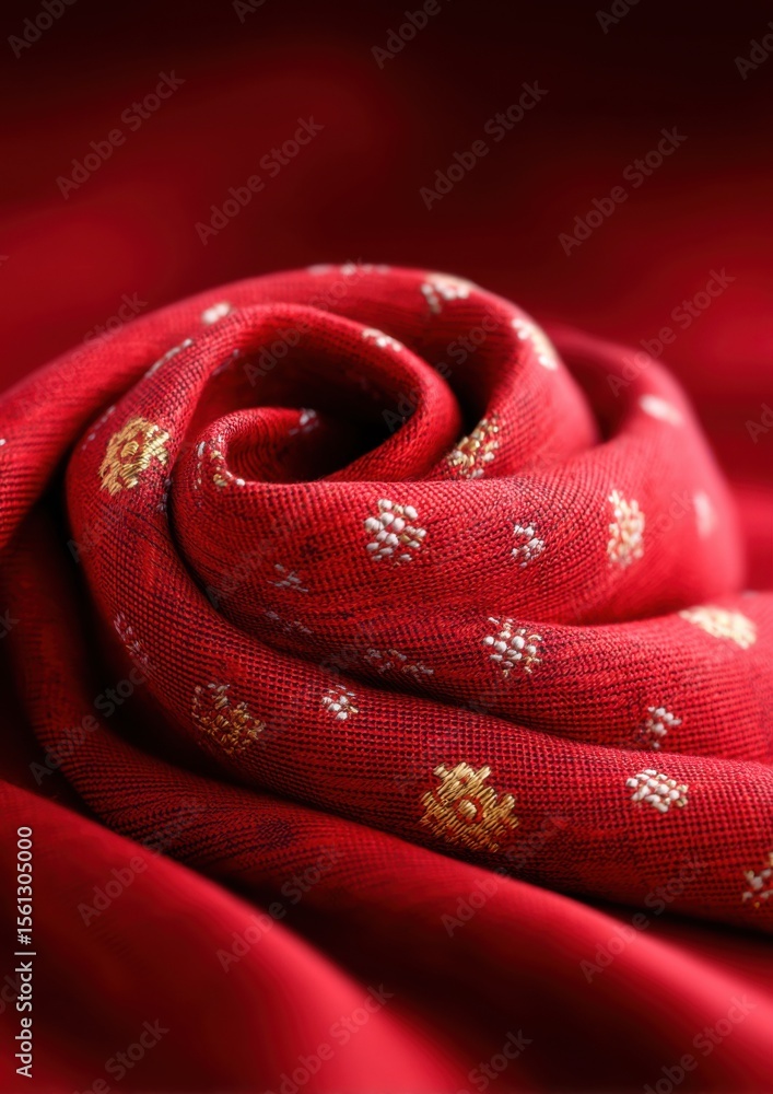 Poster a close-up of a red fabric with intricate golden patterns, elegantly folded to resemble a rose shape