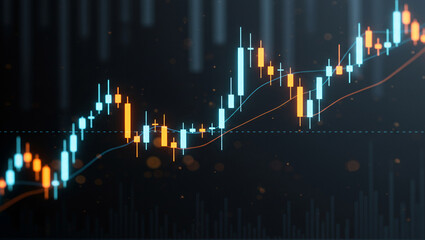 Obraz premium Financial chart with upward and downward trends displayed in blue and orange lines.