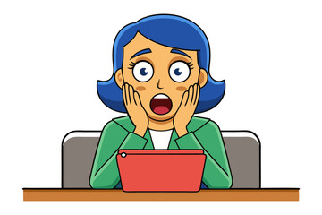 Shocked woman with blue hair and wide eyes reacting to something unexpected on her laptop screen