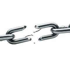 A close up view of a silver metal chain with one link broken, symbolizing weakness, vulnerability, or a critical breaking point. Ideal for concepts of failure, freedom, or crisis.