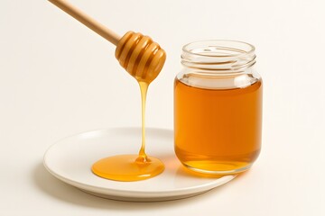 Golden honey drips from a wooden dipper onto a plate beside a glass jar filled with pure, sweet honey.
