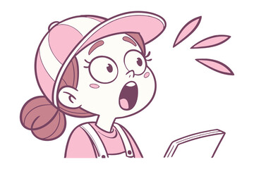 Surprised Girl with Open Mouth: A cute illustration showcases a young girl's expression of surprise and excitement with open mouth, wearing a cap and overall, gazing at book . A playful.