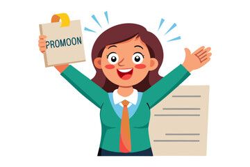 Excited woman celebrates promotion with document in hand and papers behind her on a white background