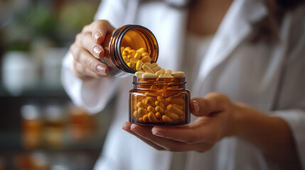 close-up of female hands pouring pills from medicine bottle, pharmacy and healing theme 
