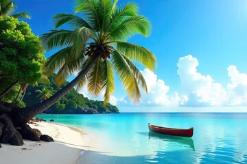 Serene Lagoon Coconut Palm Overhanging Tranquil Ocean, Single Canoe at Rest, Tropical Paradise, Peaceful Solitude