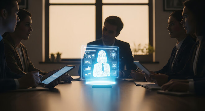 Futuristic Business Meeting Holographic Projection of Data and Insights