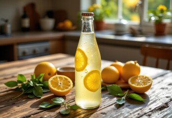 Fototapeta premium a chilled bottle of yuzu soda with droplets of condensation, sitting on a rustic wooden table surrounded by sliced yuzu fruits and green leaves, soft sunlight streaming through kitchen window