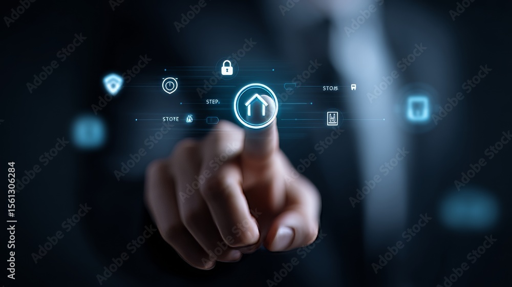Poster in a virtual environment, a man comes into contact with a glowing point on a dark surface, while an 