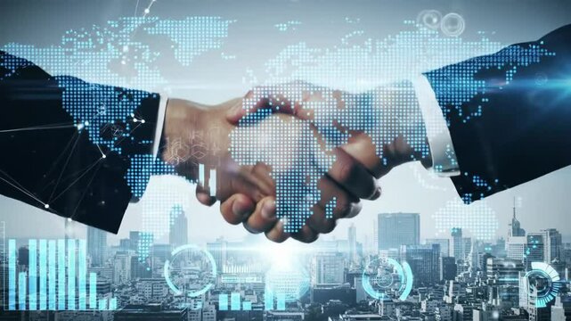 Business Handshake with Global Maps Charts Overlaying a Cityscape in Blue and White Tones Reflecting Global Business