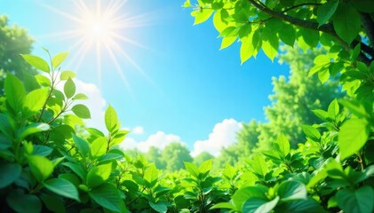 Obraz premium Lush Green Summer Foliage Under a Vibrant Blue Sky Peaceful Nature Scene, Perfect for Renewal and Growth Themes