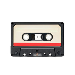 A vintage audio cassette tape with a blank cream and red label. This classic music format is perfect for retro themes, sound recording, and nostalgia concepts.