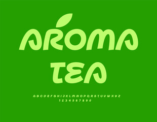 Vector Healthy label Aroma Tea with Decorative Leaf. Stylish Green Font. Beautiful Decorative Alphabet Letters and Numbers