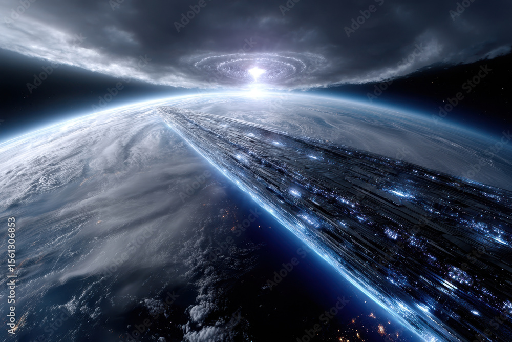 Poster futuristic space structure hovering above earth during a dramatic celestial event