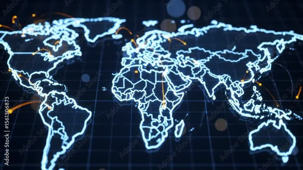 Poster glowing world map with orange connections on blue grid background a digital representation of global
