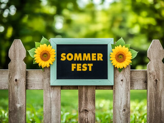 A framed sign reading "SOMMER FEST" is attached to a weathered wooden fence decorated with vibrant sunflowers and green leaves set against a blurred natural background