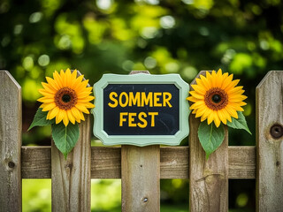 A rustic wooden fence features two bright sunflowers and a decorative sign reading "Sommer Fest" The background is softly blurred with green foliage creating a warm inviting atmosphere