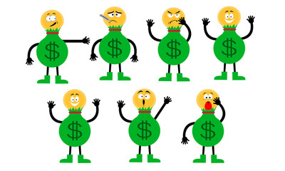 Vector illustration of a dollar bag mascot character with a coin head and various funny facial expressions, including sick, angry, surprised, and excited.