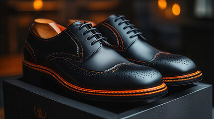 minimal black leather shoes resting in elegant packaging with pop of orange accent
