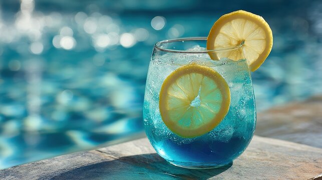 A refreshing blue drink garnished with lemon sits on a stone ledge by a sparkling pool, Ideal for summer promotions, beverage advertisements, or lifestyle blogs focusing on relaxation and enjoyment,