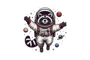 A raccoon in a spacesuit, floating in space,flat vector art, white background